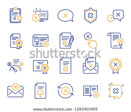 Reject or cancel line icons. Set of Decline certificate, Cancellation and Dislike icons. Refuse, Reject stamp, Disapprove or cancel. Wrong agreement, delete certificate, checklist document. Vector