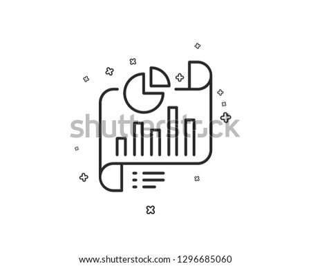 Report document line icon. Column graph sign. Growth diagram, pie chart symbol. Geometric shapes. Random cross elements. Linear Report document icon design. Vector