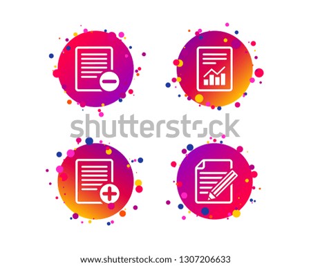 File document icons. Document with chart or graph symbol. Edit content with pencil sign. Add file. Gradient circle buttons with icons. Random dots design. Vector