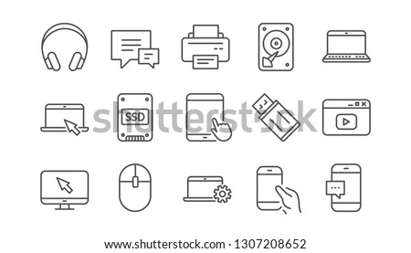 Device line icons. Laptop, SSD and Headphones. Printer linear icon set.  Vector