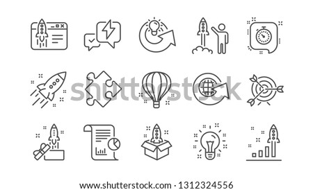 Startup line icons. Launch Project, Business report and Target. Strategy linear icon set.  Vector