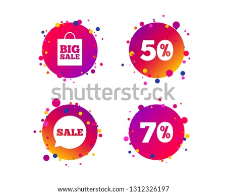 Sale speech bubble icon. 50% and 70% percent discount symbols. Big sale shopping bag sign. Gradient circle buttons with icons. Random dots design. Vector