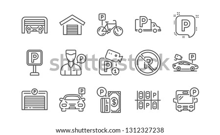 Parking line icons. Garage, Valet servant and Paid parking. Car transport park place linear icon set.  Vector