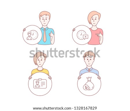 People hand drawn style. Set of Identification card, Working hours and Time icons. Cash sign. Person document, Project deadline, Remove alarm. Banking currency.  Character hold circle button. Vector