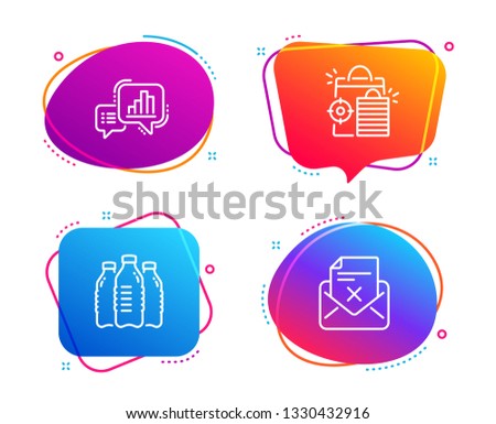 Seo shopping, Water bottles and Graph chart icons simple set. Reject letter sign. Analytics, Aqua drinks, Growth report. Delete mail. Business set. Speech bubble seo shopping icon. Vector