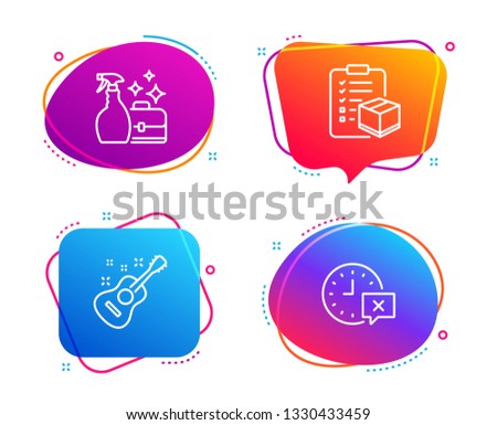 Parcel checklist, Cleanser spray and Guitar icons simple set. Time sign. Logistics check, Washing liquid, Acoustic instrument. Remove alarm. Business set. Speech bubble parcel checklist icon. Vector