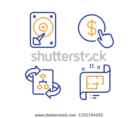 Technical algorithm, Buy currency and Hdd icons simple set. Architectural plan sign. Project doc, Money exchange, Hard disk. Technical project. Technology set. Linear technical algorithm icon. Vector