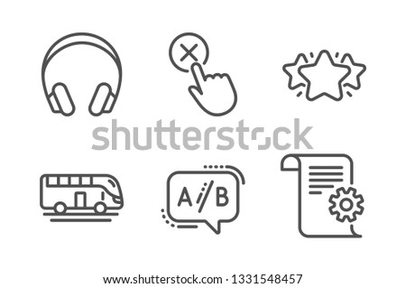 Headphones, Bus tour and Star icons simple set. Reject click, Ab testing and Technical documentation signs. Music listening device, Transport. Technology set. Line headphones icon. Editable stroke