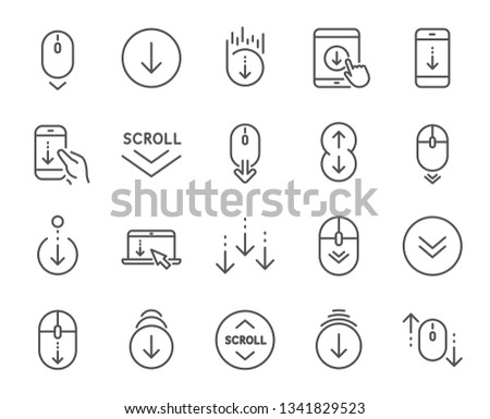 Scroll down line icons. Scrolling mouse, landing page swipe signs. Mobile device technology icons. Website scroll navigation. Tablet pc or smartphone swipe symbols. Phone scrolling. Vector