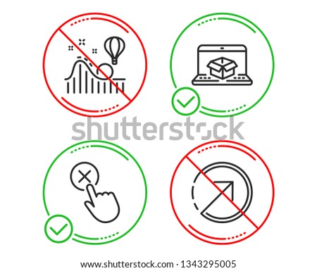 Do or Stop. Online delivery, Reject click and Roller coaster icons simple set. Direction sign. Parcel tracking website, Delete button, Attraction park. Navigation pointer. Technology set. Vector