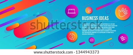 Header banner. Elevator, Id card and Laptop icons simple set. Hand, Refill water and Pay money signs. Office transportation, Human document. Business set. Line elevator icon. Gradient elements. Vector