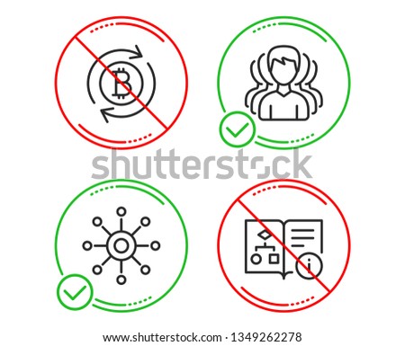 Do or Stop. Group, Refresh bitcoin and Multichannel icons simple set. Technical algorithm sign. Headhunting service, Update cryptocurrency, Multitasking. Project doc. Business set. Line group do icon