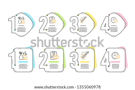 Parcel checklist, Cleanser spray and Guitar icons simple set. Time sign. Logistics check, Washing liquid, Acoustic instrument. Remove alarm. Business set. Infographic timeline. Vector