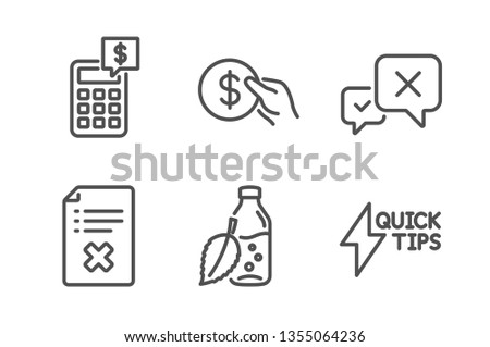 Reject file, Payment and Calculator icons simple set. Reject, Water bottle and Quickstart guide signs. Decline agreement, Usd coin. Business set. Line reject file icon. Editable stroke. Vector