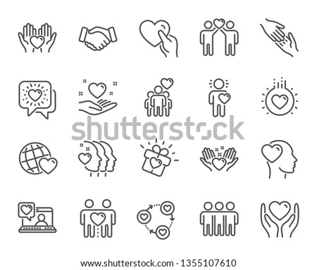 Friendship and love line icons. Interaction, Mutual understanding and assistance business. Trust handshake, social responsibility, mutual love icons. Trust friends, partnership. Vector