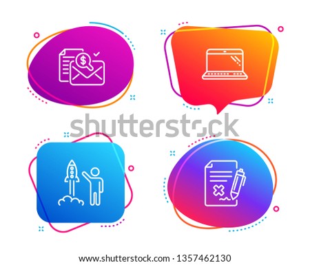 Accounting report, Launch project and Laptop icons simple set. Reject file sign. Check finance, Business innovation, Computer. Decline agreement. Technology set. Speech bubble accounting report icon