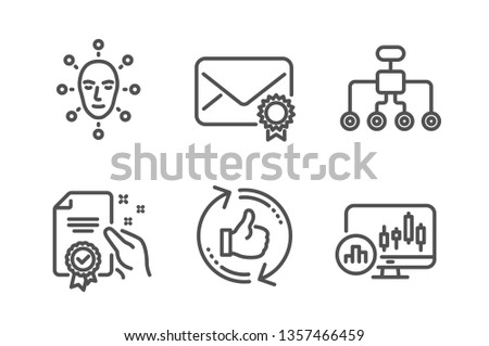 Refresh like, Face biometrics and Restructuring icons simple set. Certificate, Verified mail and Candlestick chart signs. Thumbs up counter, Facial recognition. Technology set. Line refresh like icon