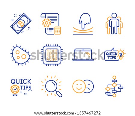 Group, Bacteria and Cpu processor icons simple set. Quick tips, Elastic and Bitcoin signs. Search, Like and Education idea symbols. Laptop, Settings blueprint and Block diagram. Line group icon