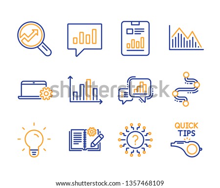 Graph chart, Light bulb and Notebook service icons simple set. Analytics, Engineering documentation and Analytical chat signs. Investment graph, Question mark and Timeline symbols. Vector