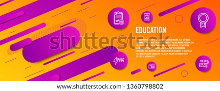 Header banner. Instruction info, Quickstart guide and Report document icons simple set. Accounting checklist, Reward and Survey progress signs. Project, Lightning symbol. Education set. Vector