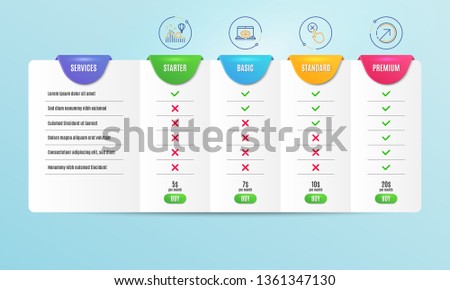 Online delivery, Reject click and Roller coaster icons simple set. Comparison table. Direction sign. Parcel tracking website, Delete button, Attraction park. Navigation pointer. Technology set. Vector