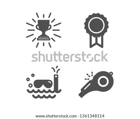 Set of Trophy, Reward and Scuba diving icons. Whistle sign. Winner cup, Best medal, Trip swimming. Kick-off.  Classic design trophy icon. Flat design. Vector