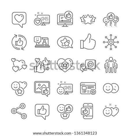 Social media line icons. Set - Share network, Rating and Social links linear icons. Heart, Feedback smile emotion and internet media. Share network, like icon, video content rating and dislike. Vector