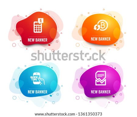 Liquid badges. Set of Refresh bitcoin, Education and Calculator icons. Corrupted file sign. Update cryptocurrency, Quick tips, Money management. Damaged document.  Gradient refresh bitcoin icon