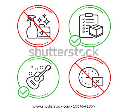 Do or Stop. Parcel checklist, Cleanser spray and Guitar icons simple set. Time sign. Logistics check, Washing liquid, Acoustic instrument. Remove alarm. Business set. Line parcel checklist do icon