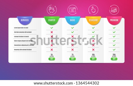 Bitcoin coin, Hand click and Video content icons simple set. Comparison table. Candlestick chart sign. Piggy bank, Location pointer, Browser window. Report analysis. Business set. Pricing plan. Vector