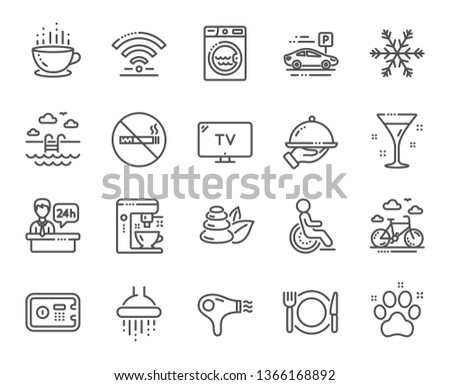 Hotel service line icons. Wi-Fi, Air conditioning and Coffee maker machine. Spa stones, swimming pool and bike rental icons. Hotel parking, safe and shower. Food, coffee cup. Vector