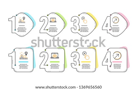 Online delivery, Reject click and Roller coaster icons simple set. Direction sign. Parcel tracking website, Delete button, Attraction park. Navigation pointer. Technology set. Infographic timeline