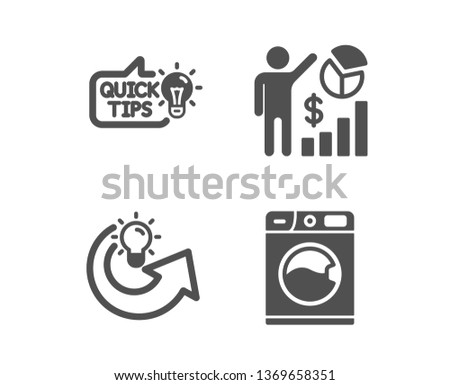 Set of Seo statistics, Education idea and Share idea icons. Washing machine sign. Analytics chart, Quick tips, Solution. Laundry service.  Classic design seo statistics icon. Flat design. Vector