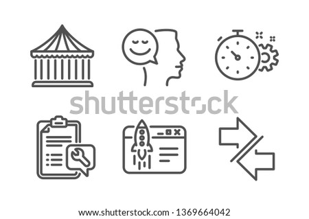 Carousels, Cogwheel timer and Start business icons simple set. Spanner, Good mood and Synchronize signs. Attraction park, Engineering tool. Technology set. Line carousels icon. Editable stroke. Vector