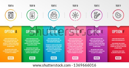 Checkbox, File settings and Multichannel icons simple set. Washing machine, Mail correspondence and Bacteria signs. Survey choice, File management. Technology set. Infographic template. Vector