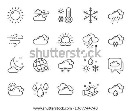 Weather and forecast line icons. Cloudy sky, winter snowflake, thermometer. Moon night, rain and sunset icons. Weather temperature, meteorology forecast and wind, thunder bolt. Vector