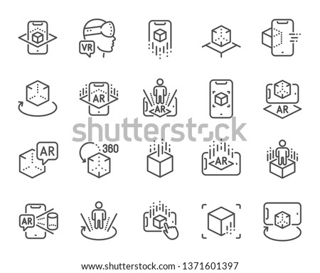 Augmented reality line icons. VR simulation, Panorama view, 360 degree. Virtual reality gaming, augmented, full rotation arrows icons. 360 vr tour, virtual simulation device. Vector