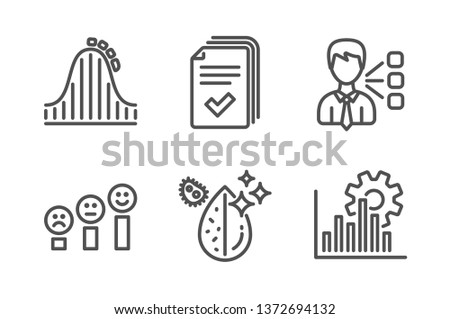 Handout, Roller coaster and Customer satisfaction icons simple set. Third party, Dirty water and Seo graph signs. Documents example, Attraction park. Technology set. Line handout icon. Editable stroke