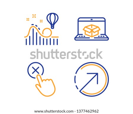 Online delivery, Reject click and Roller coaster icons simple set. Direction sign. Parcel tracking website, Delete button, Attraction park. Navigation pointer. Technology set. Vector