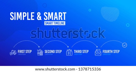 Infographic timeline. Seo shopping, Water bottles and Graph chart icons simple set. Reject letter sign. Analytics, Aqua drinks, Growth report. Delete mail. Business set. 4 steps layout. Vector