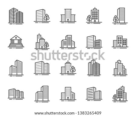 Buildings line icons. Bank, Hotel, Courthouse. City, Real estate, Architecture buildings icons. Hospital, town house, museum. Urban architecture, city skyscraper, downtown. Vector