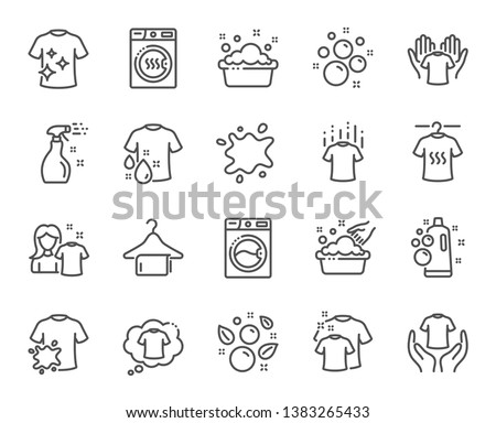 Laundry line icons. Dryer, Washing machine and dirt shirt. Laundromat, hand washing, soap bubbles in basin icons. Dry t-shirt, laundry service, dirty smudge spot. Clean clothes. Vector