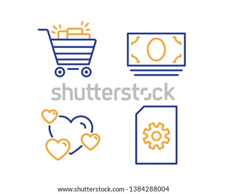 Heart, Cash money and Shopping cart icons simple set. File management sign. Love rating, Banking currency, Gifts. Doc with cogwheel. Business set. Linear heart icon. Colorful design set. Vector