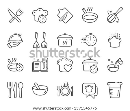 Cooking line icons. Boiling time, Frying pan and Kitchen utensils. Fork, spoon and knife line icons. Recipe book, chef hat and cutting board. Cooking book, frying time, hot pan. Vector ストックフォト © 
