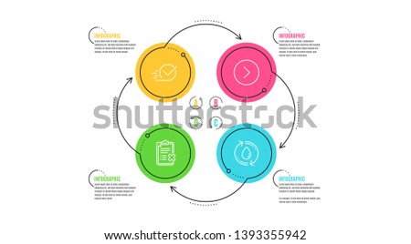 Forward, Checkbox and Reject checklist icons simple set. Infographic timeline. Refill water sign. Next direction, Approved, Decline file. Recycle aqua. Technology set. Cycle infographic. Vector