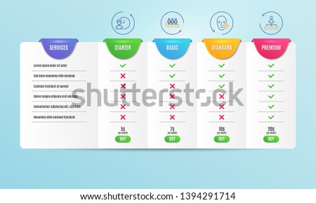 Problem skin, Queue and Working hours icons simple set. Comparison table. Management sign. Facial care, People waiting, Project deadline. Agent. People set. Pricing plan. Compare products. Vector