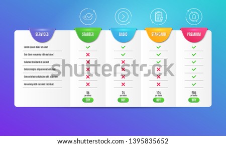 Forward, Checkbox and Reject checklist icons simple set. Comparison table. Refill water sign. Next direction, Approved, Decline file. Recycle aqua. Technology set. Pricing plan. Vector