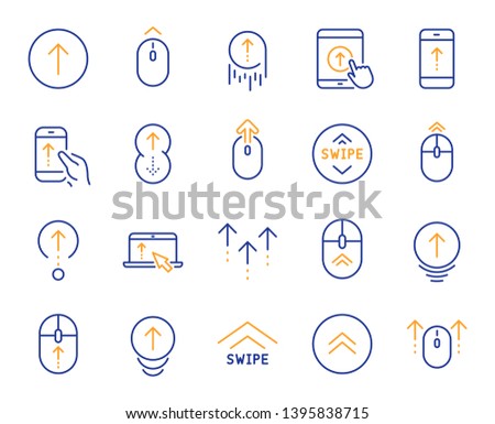 Swipe up line icons. Scrolling mouse, landing page swipe signs. Scroll up mobile device technology icons. Website scroll navigation. Tablet pc or smartphone symbols. Phone scrolling. Vector