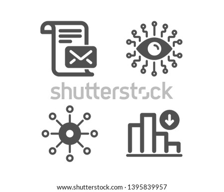 Set of Multichannel, Artificial intelligence and Mail letter icons. Decreasing graph sign. Multitasking, All-seeing eye, Read e-mail. Crisis chart.  Classic design multichannel icon. Flat design