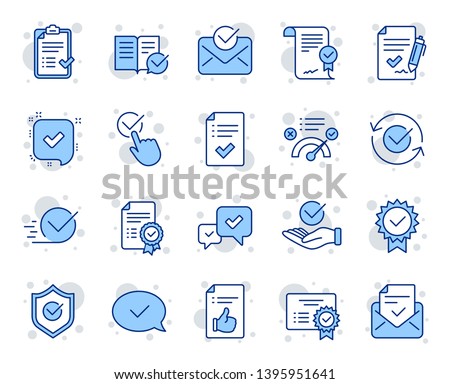 Approve line icons. Set of Checklist, Certificate and Award medal icons. Certified document, Accepted approve and Confirm mail. Guarantee, Check mark and Correct agreement. Checklist document. Vector